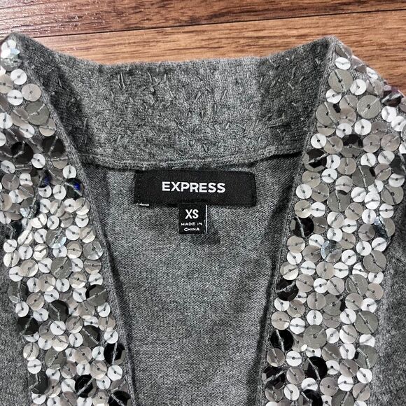 Express Sweater Open Front Sequin Trim Knit 3/4 Sleeve Cardigan Gray Women's XS - Picture 2 of 9